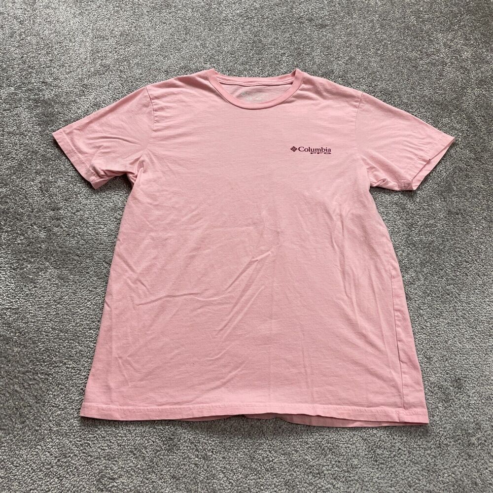 Columbia PFG Shirt Mens Medium Pink Crew Neck Short Sleeve Fishing Outdoor Top